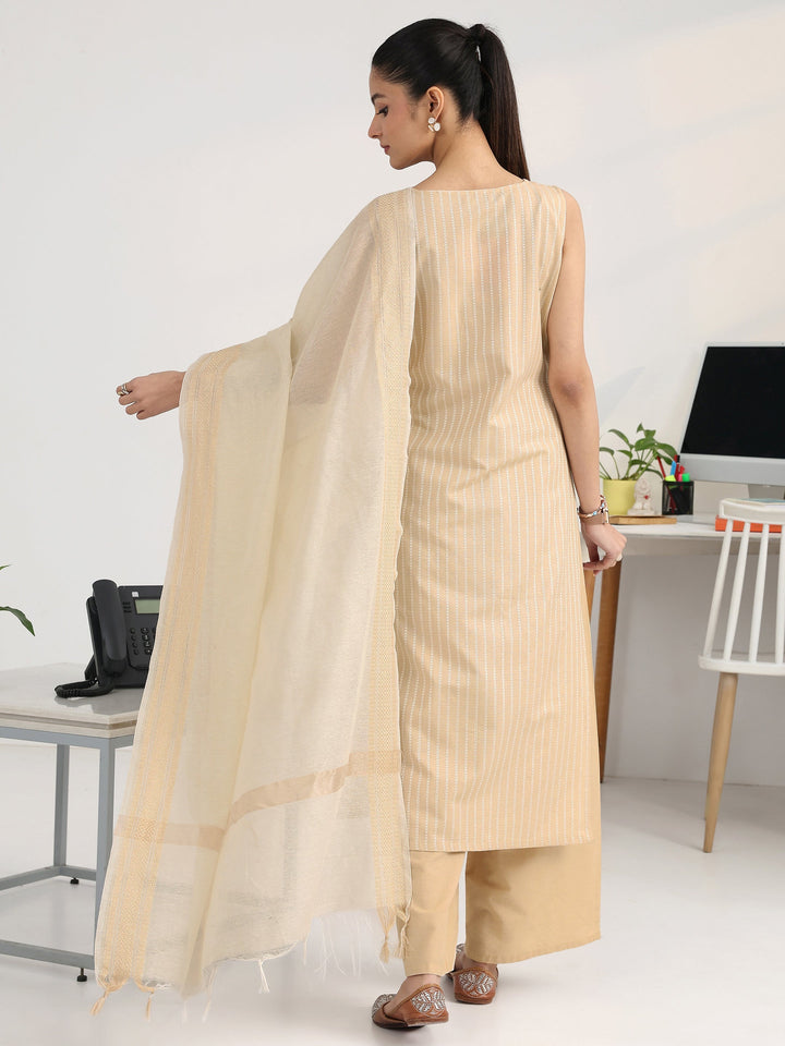 Cream Striped Woven Design Cotton Blend Straight Suit Set With Dupatta