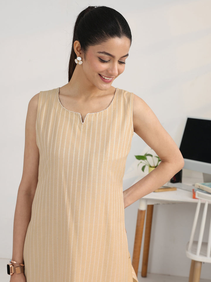 Cream Striped Woven Design Cotton Blend Straight Suit Set With Dupatta