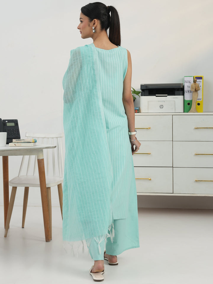 Blue Striped Woven Design Cotton Blend Straight Suit Set With Dupatta