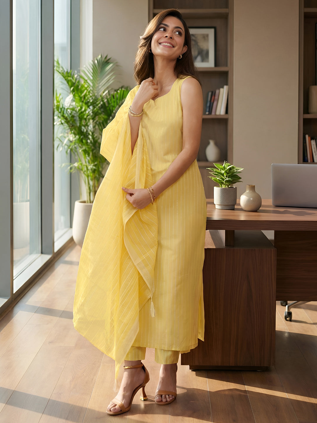 Anya-Cut Sunlit Striped Cotton Blend Suit Set