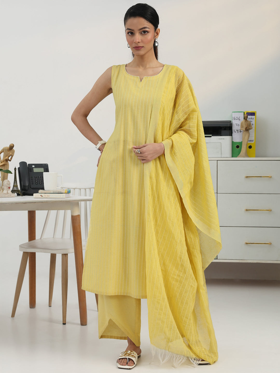 Anya-Cut Sunlit Striped Cotton Blend Suit Set