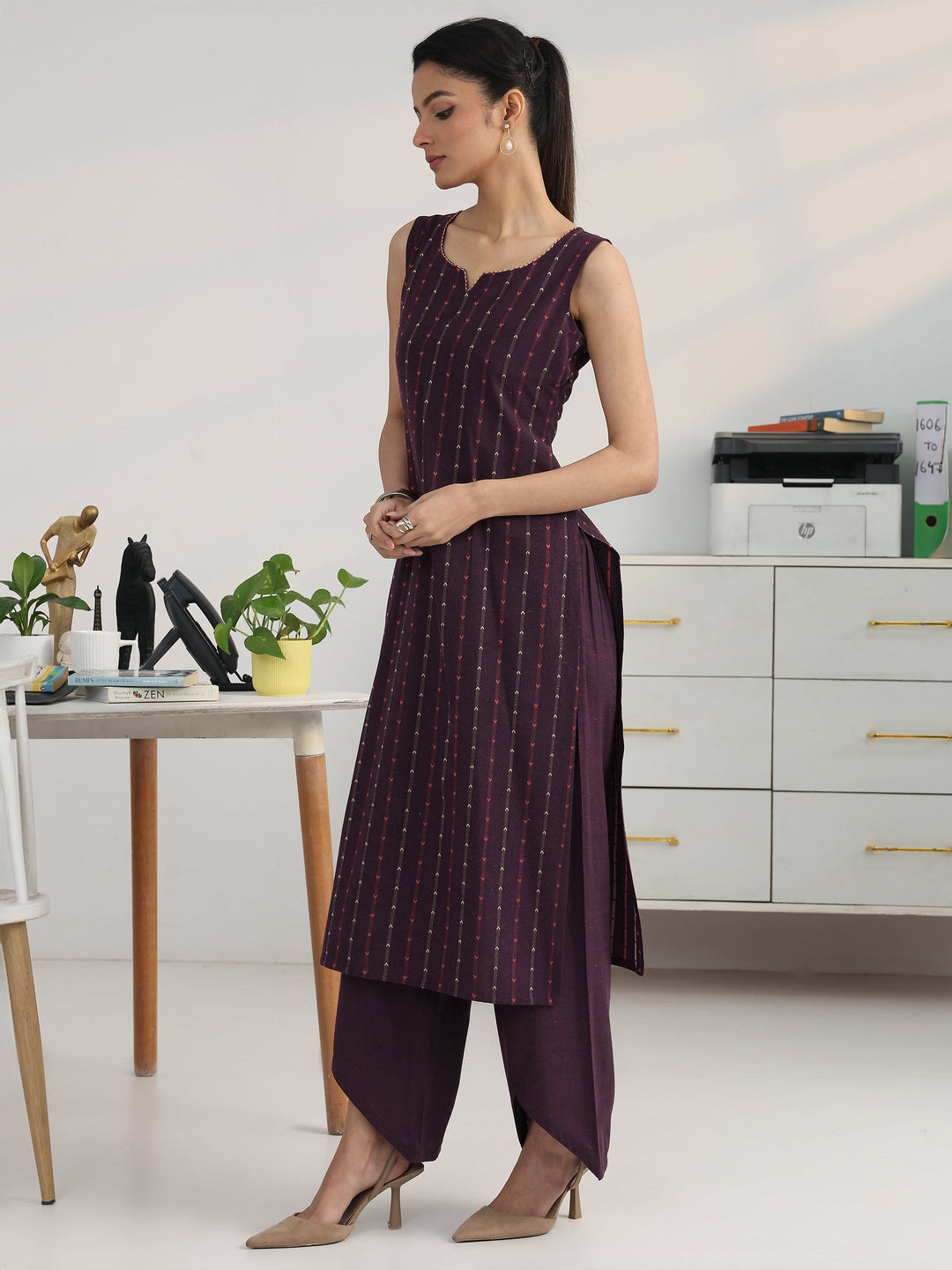 Purple Striped Woven Design Cotton Blend Straight Suit Set With Dupatta