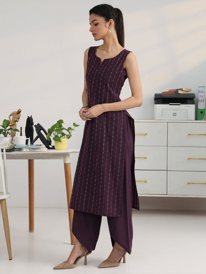 Purple Striped Woven Design Cotton Blend Straight Suit Set With Dupatta