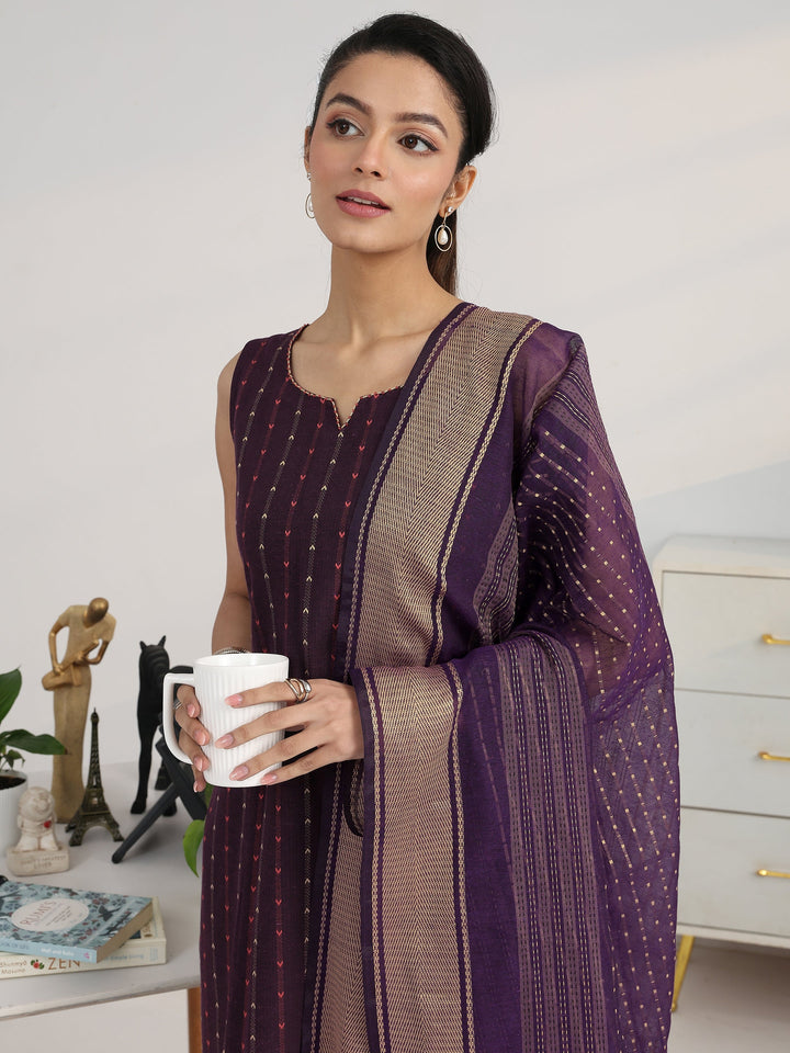 Purple Striped Woven Design Cotton Blend Straight Suit Set With Dupatta