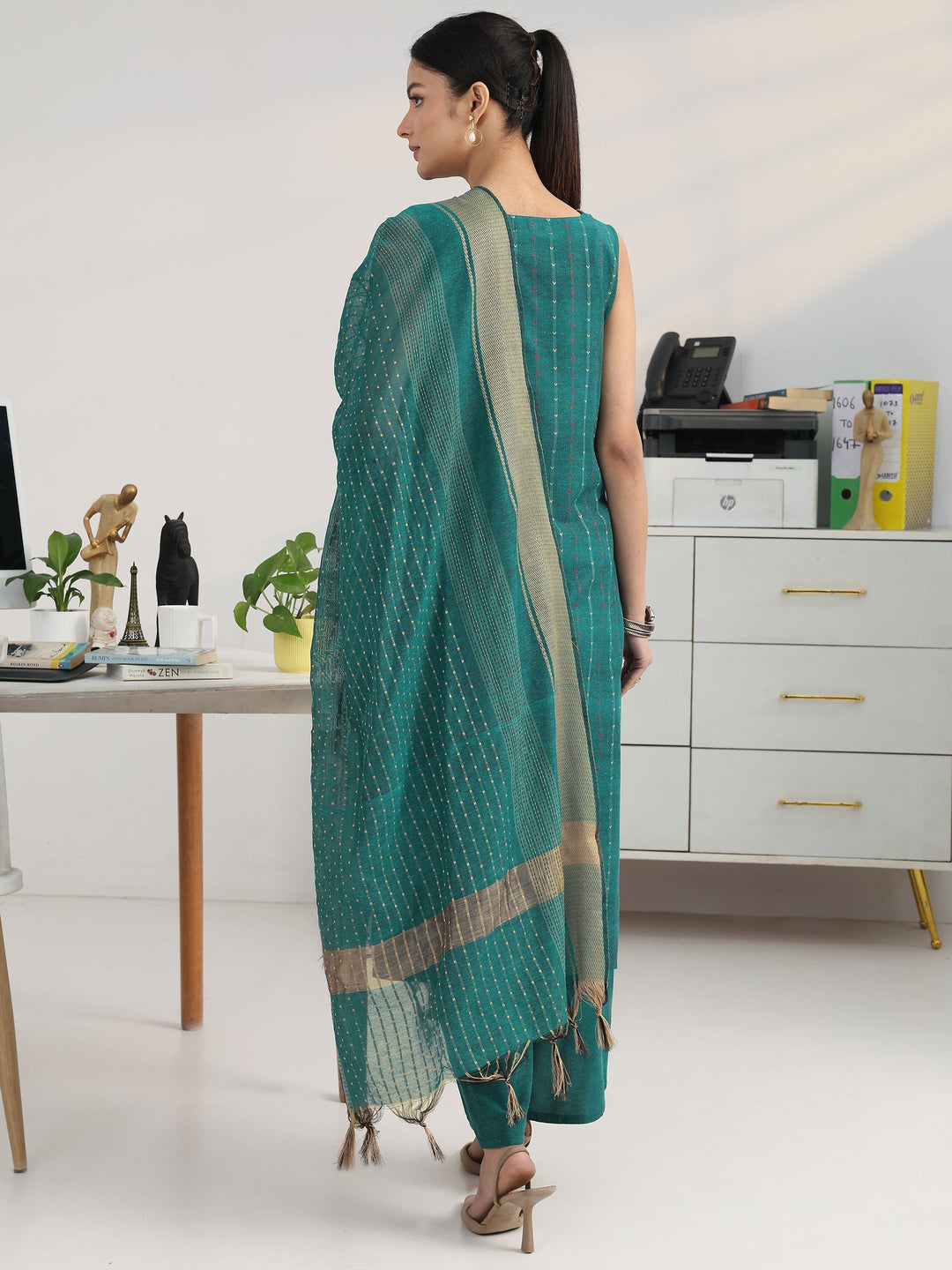 Teal Striped Woven Design Cotton Blend Straight Suit Set With Dupatta