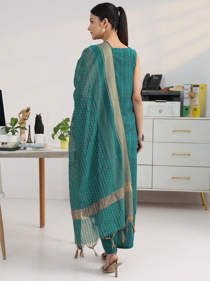 Teal Striped Woven Design Cotton Blend Straight Suit Set With Dupatta