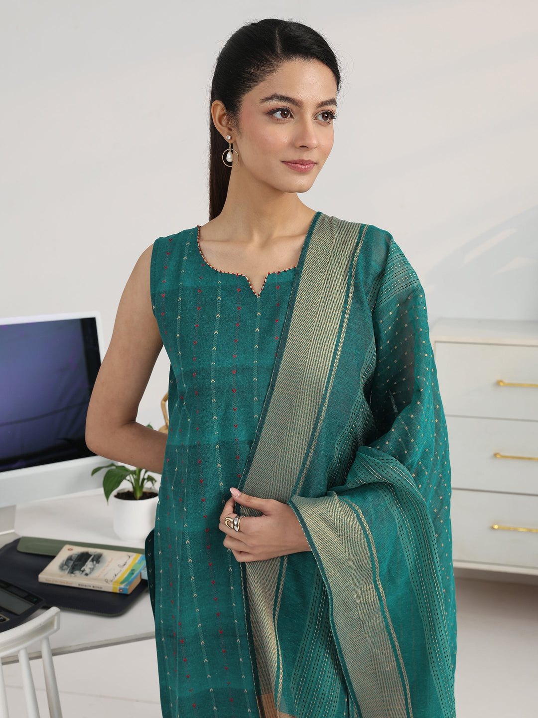 Teal Striped Woven Design Cotton Blend Straight Suit Set With Dupatta