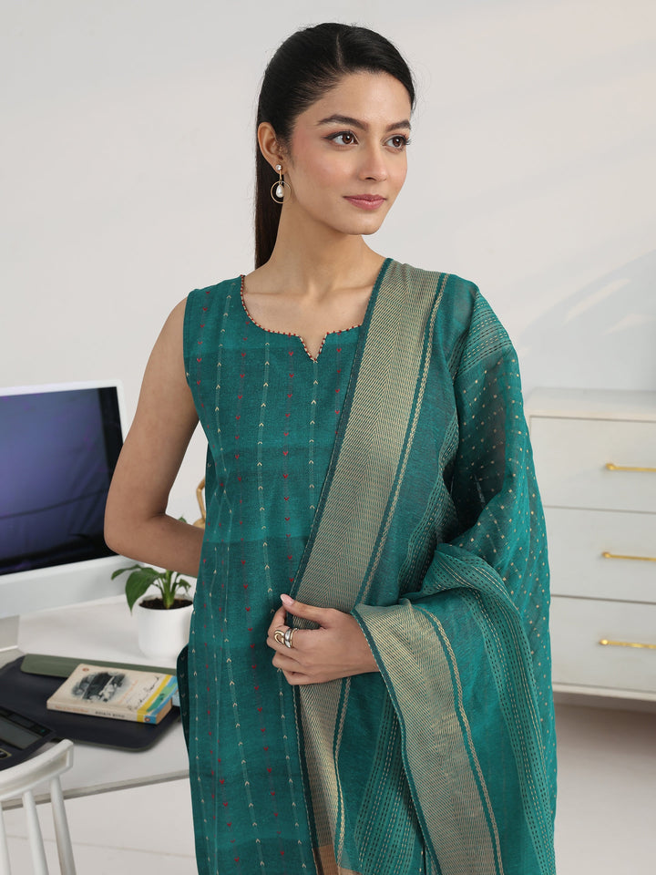 Teal Striped Woven Design Cotton Blend Straight Suit Set With Dupatta