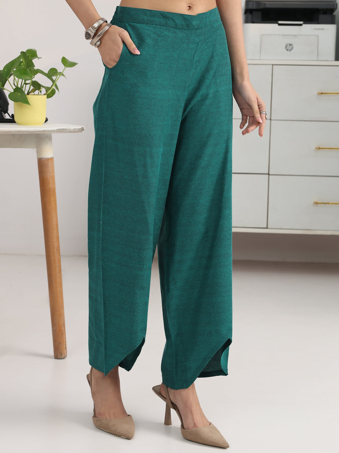 Teal Striped Woven Design Cotton Blend Straight Suit Set With Dupatta