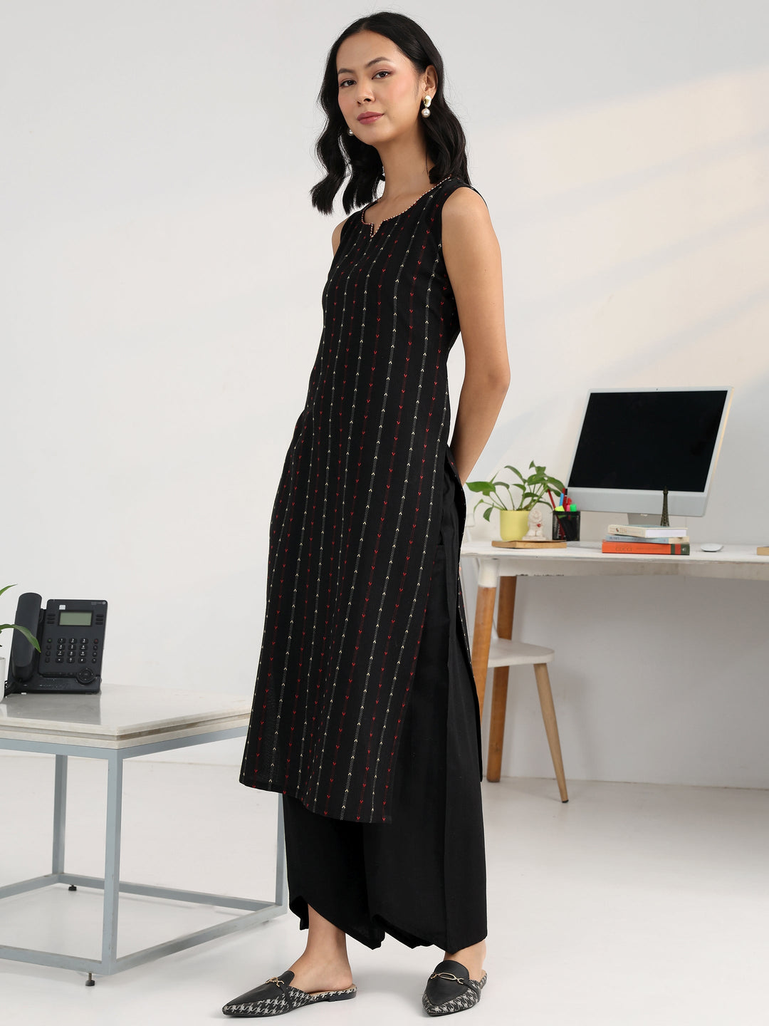 Black Striped Woven Design Cotton Blend Straight Suit Set With Dupatta