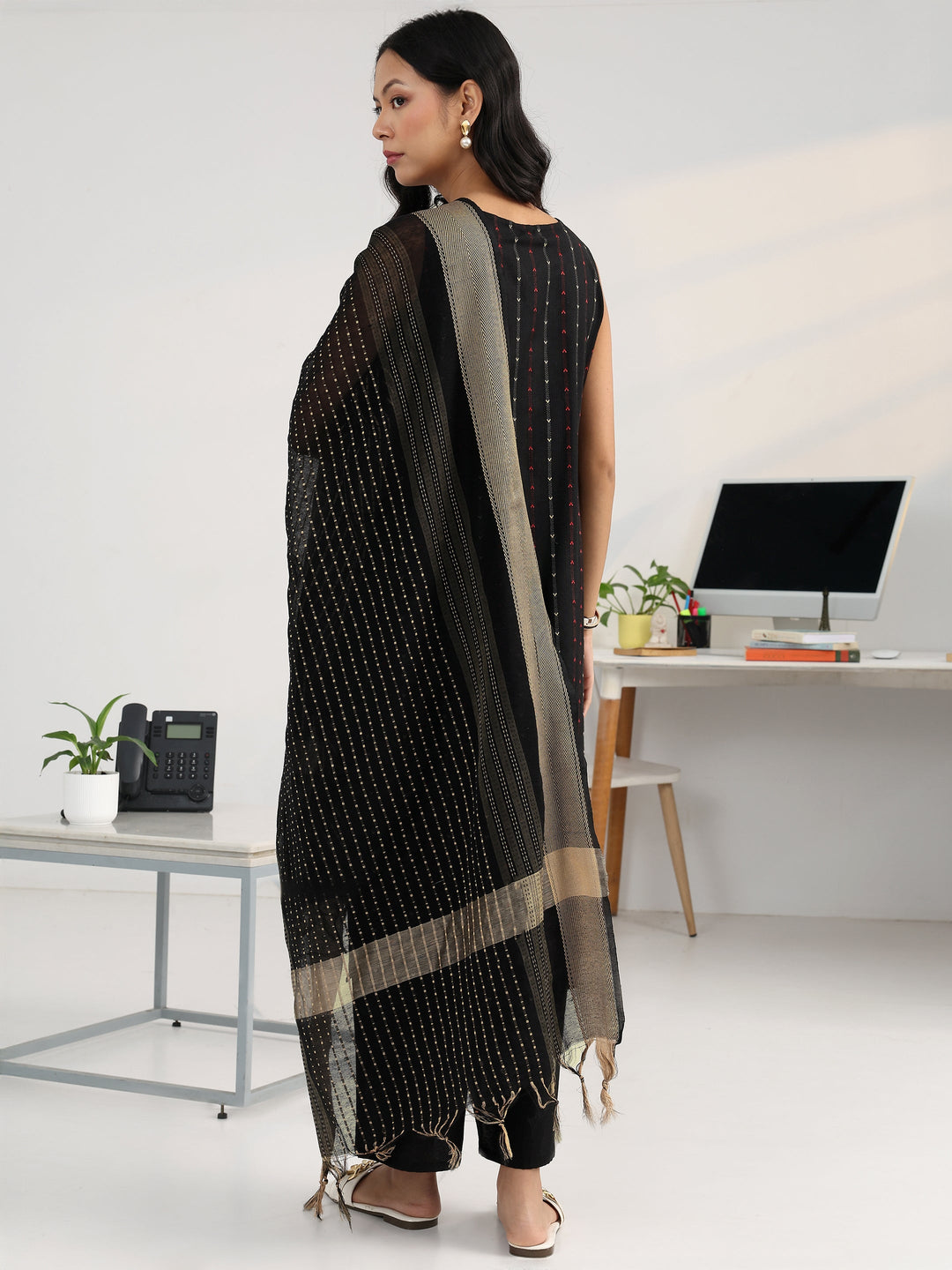 Black Striped Woven Design Cotton Blend Straight Suit Set With Dupatta
