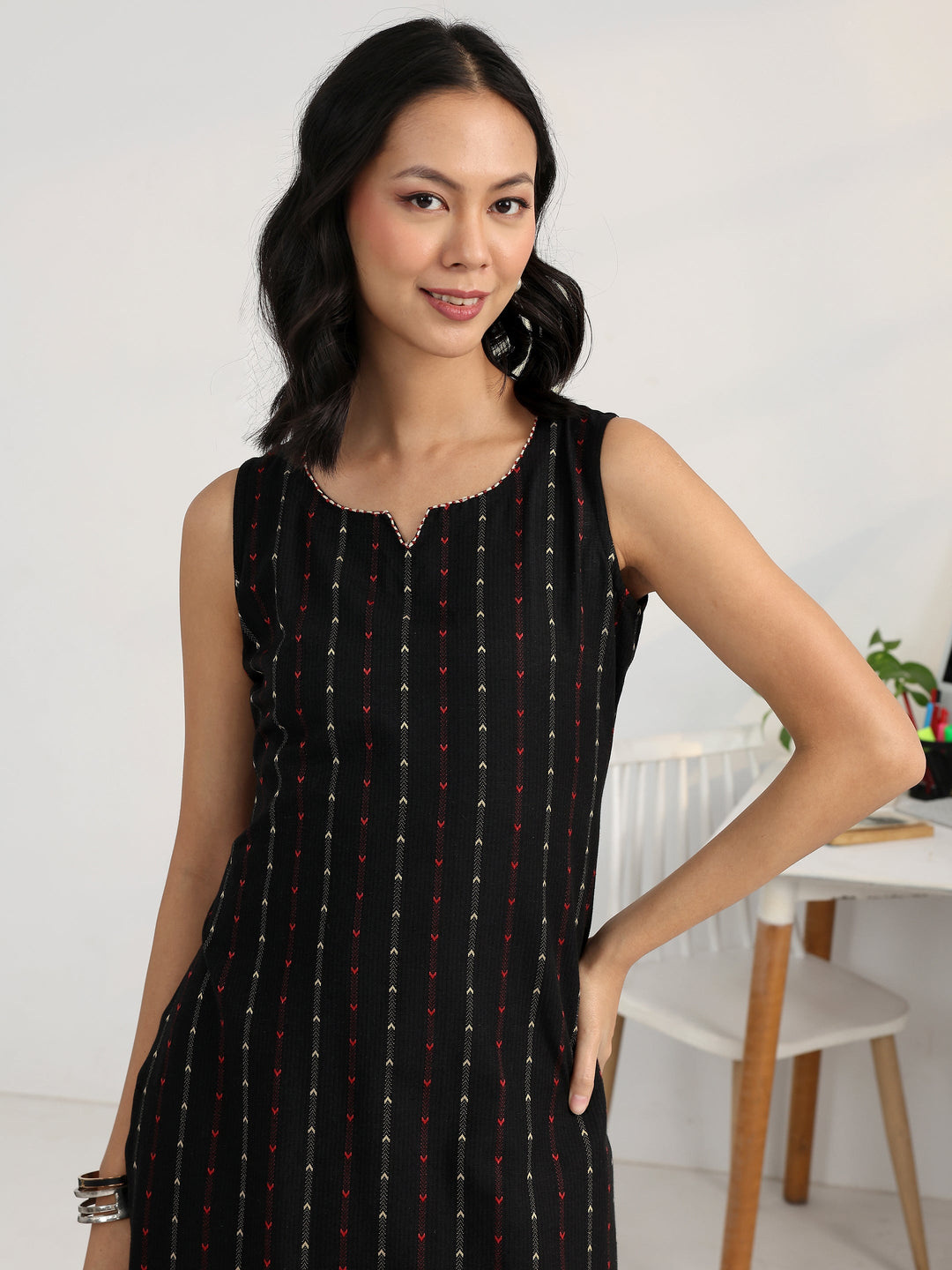 Black Striped Woven Design Cotton Blend Straight Suit Set With Dupatta