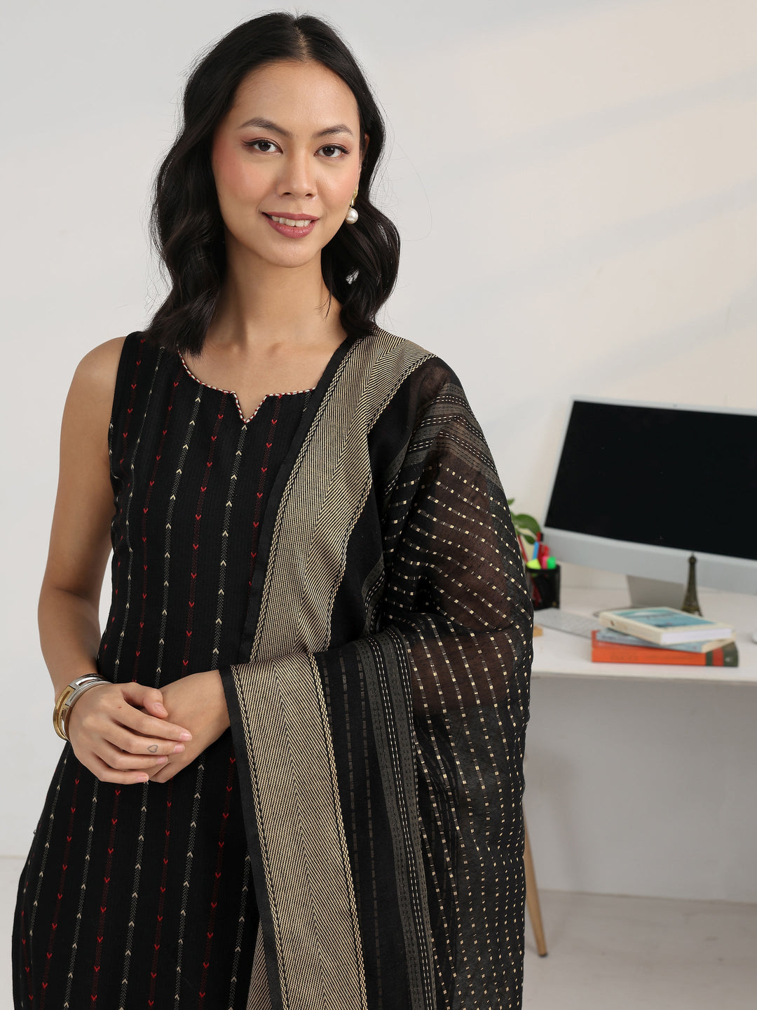 Black Striped Woven Design Cotton Blend Straight Suit Set With Dupatta