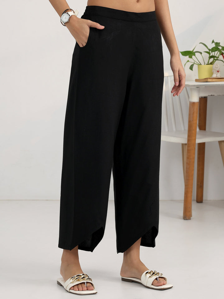 Black Striped Woven Design Cotton Blend Straight Suit Set With Dupatta