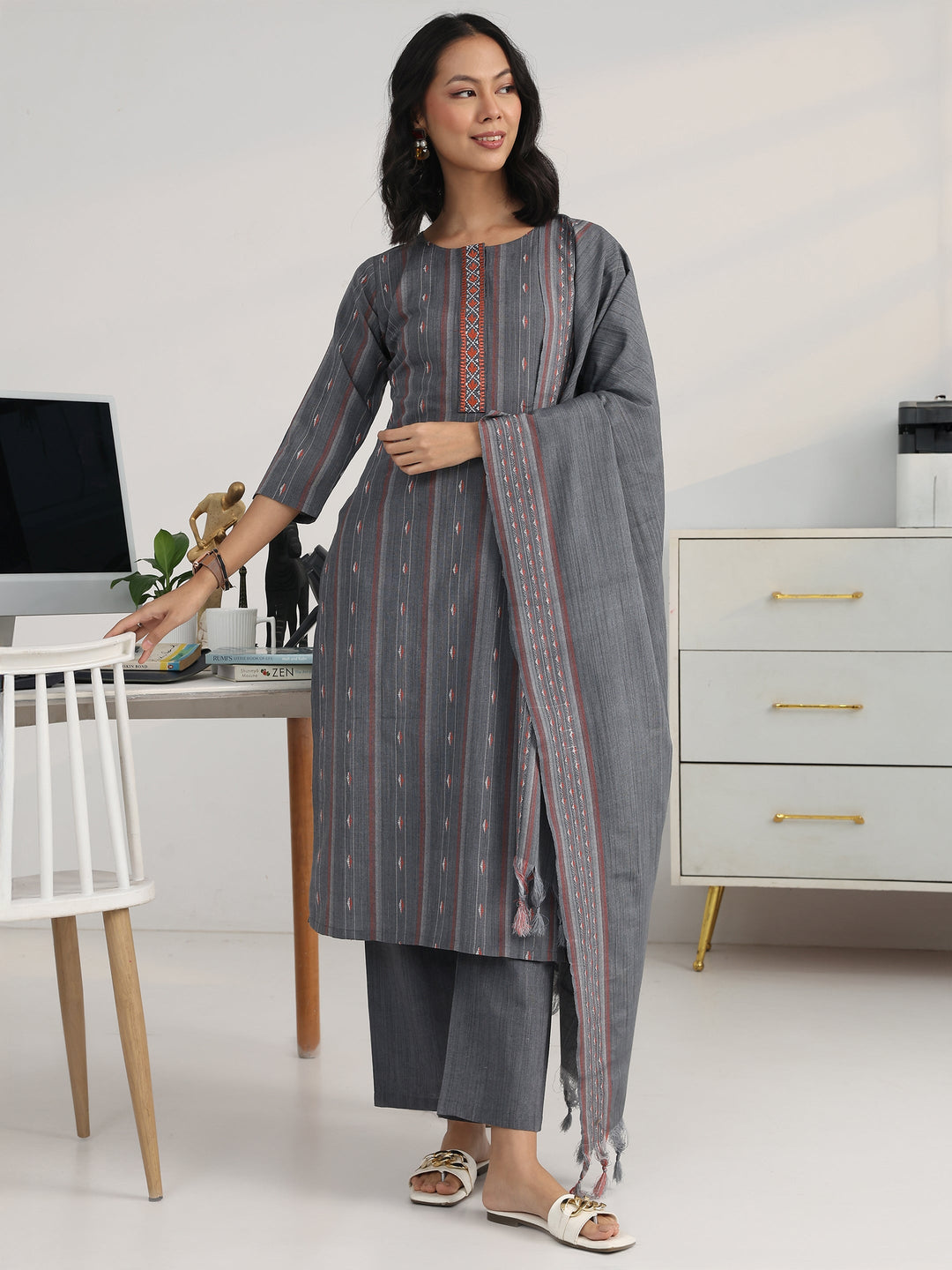Grey Ethnic Motif Woven Design Cotton Blend Straight Suit Set With Dupatta
