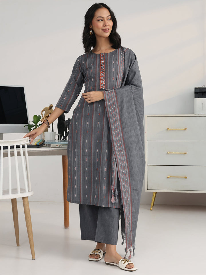 Grey Ethnic Motif Woven Design Cotton Blend Straight Suit Set With Dupatta