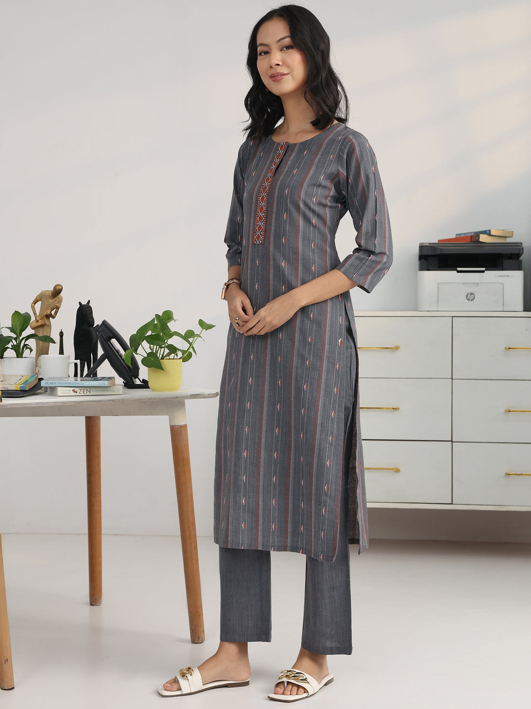 Grey Ethnic Motif Woven Design Cotton Blend Straight Suit Set With Dupatta