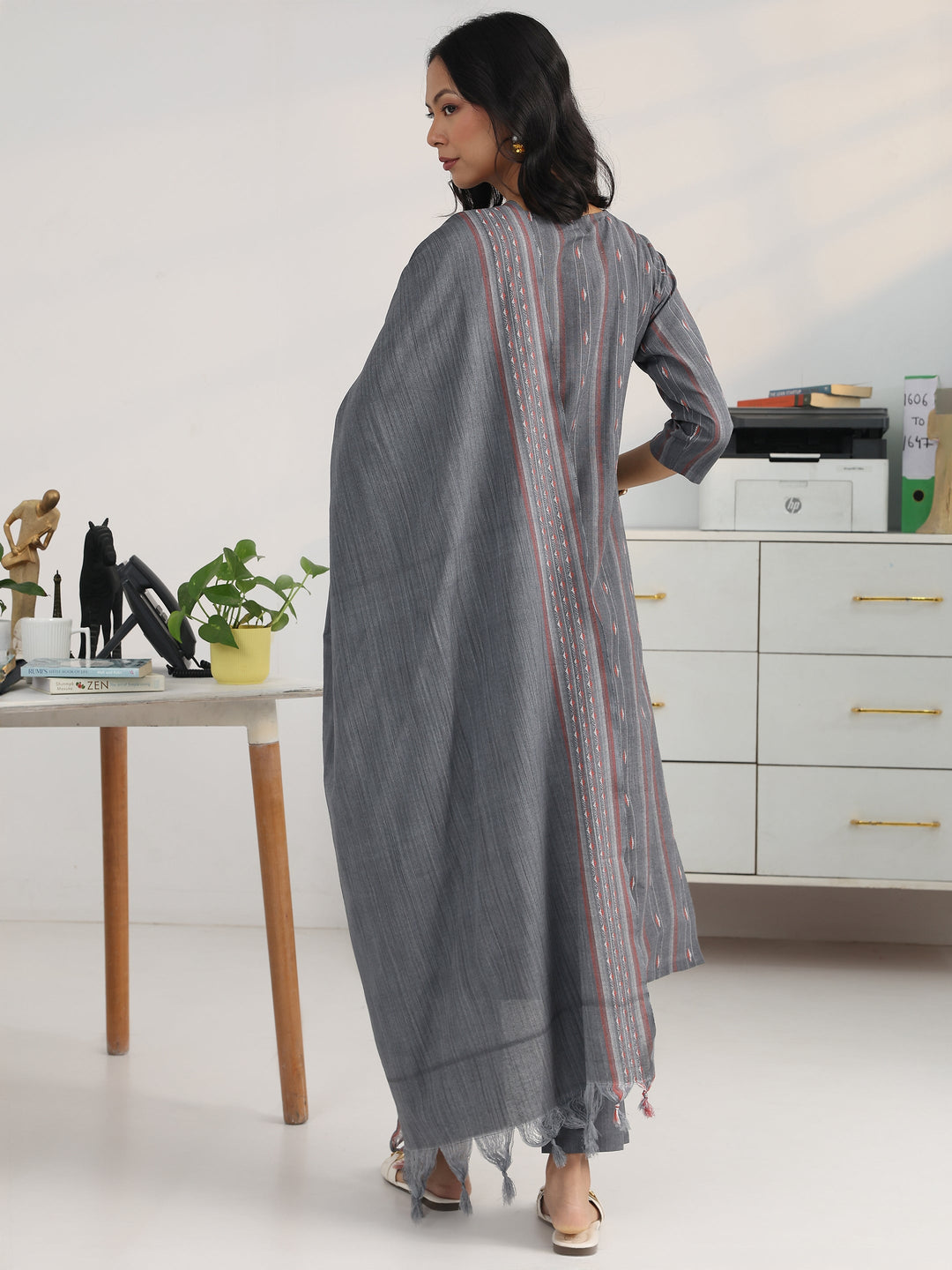 Grey Ethnic Motif Woven Design Cotton Blend Straight Suit Set With Dupatta