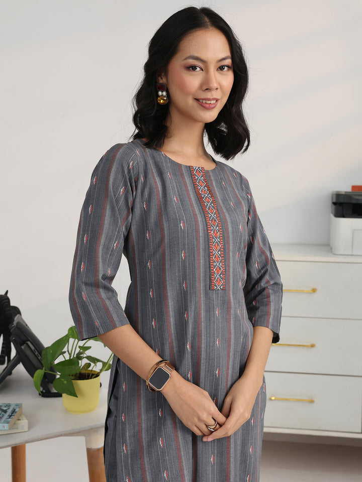 Grey Ethnic Motif Woven Design Cotton Blend Straight Suit Set With Dupatta