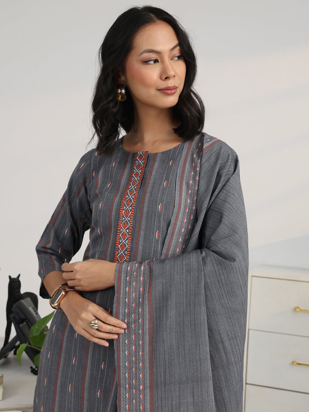 Grey Ethnic Motif Woven Design Cotton Blend Straight Suit Set With Dupatta