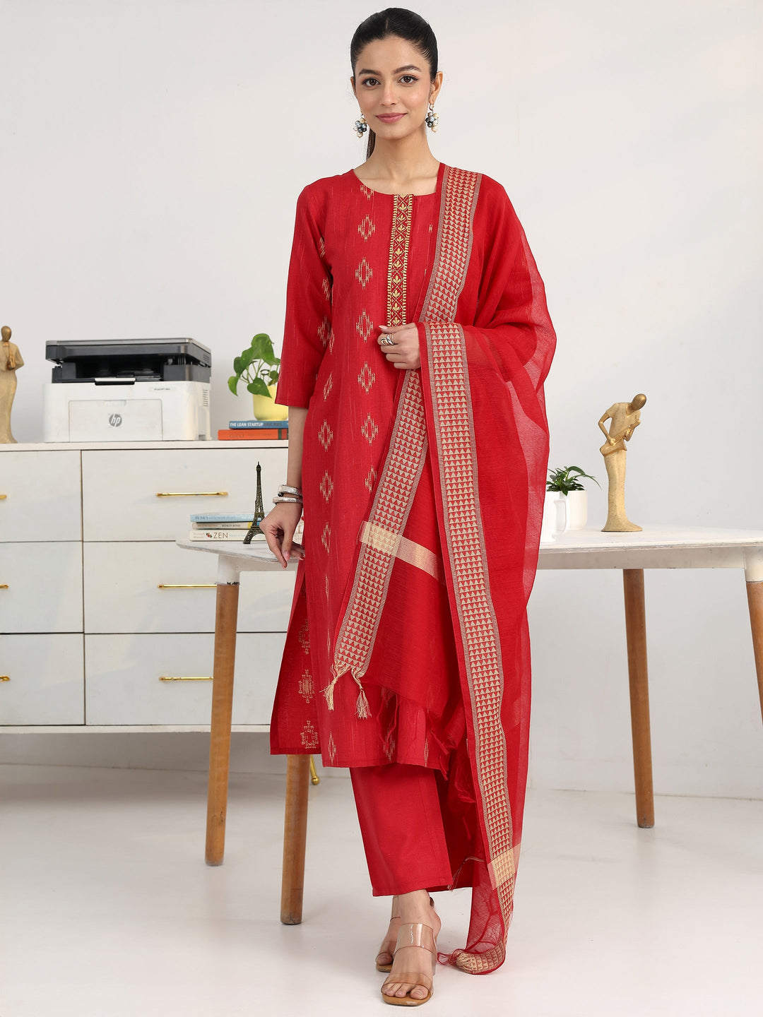 Red Geometric Woven Design Cotton Blend Straight Suit Set With Dupatta