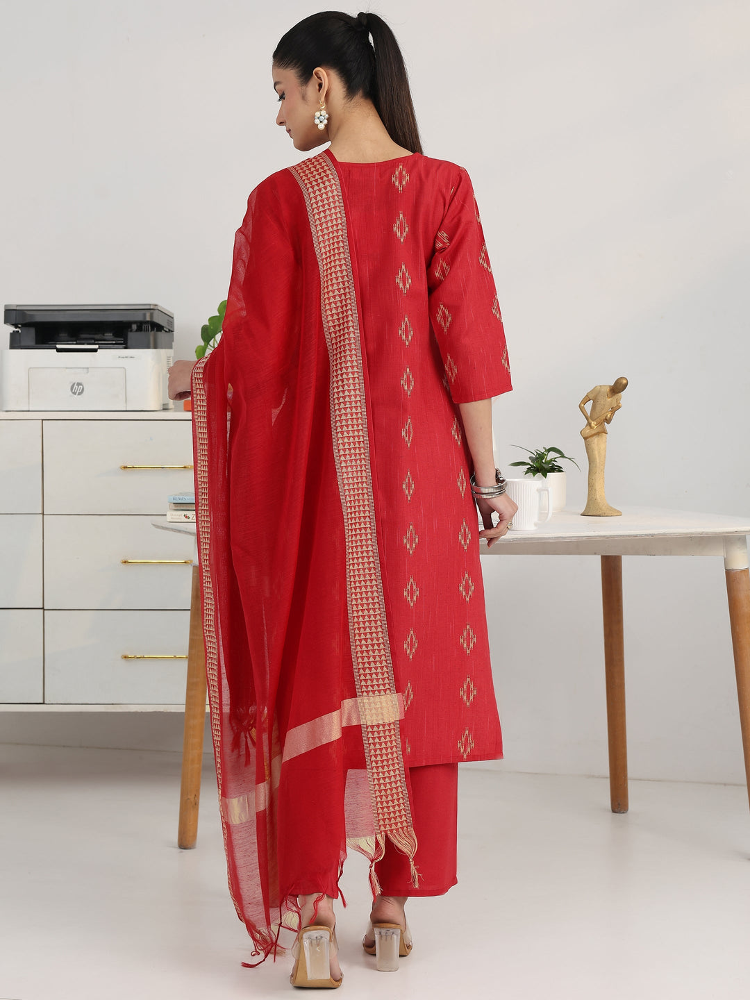 Red Geometric Woven Design Cotton Blend Straight Suit Set With Dupatta