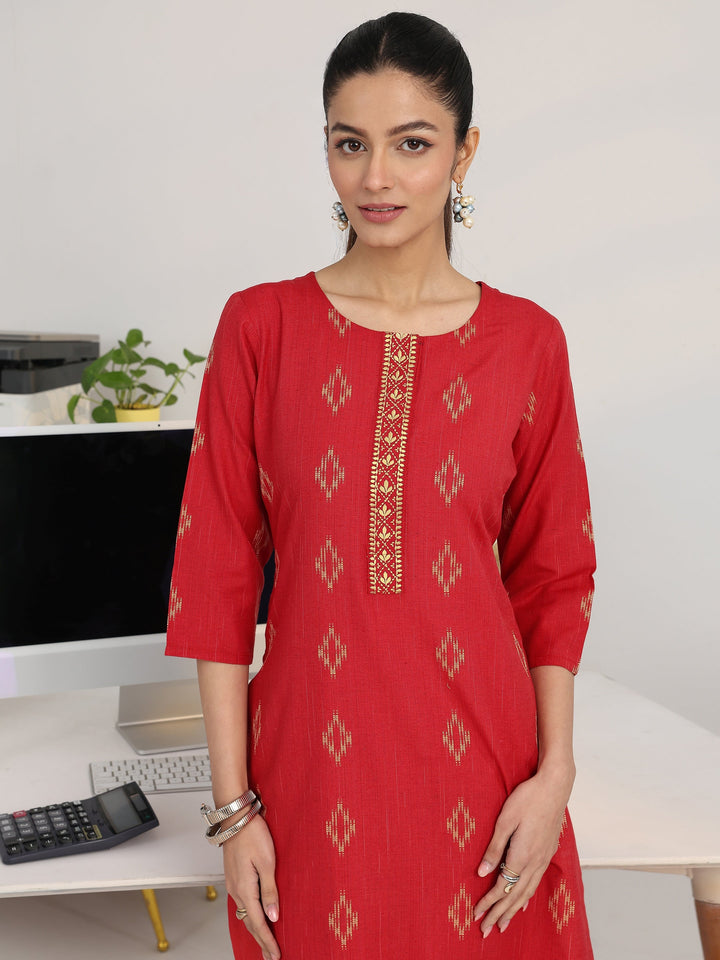 Red Geometric Woven Design Cotton Blend Straight Suit Set With Dupatta