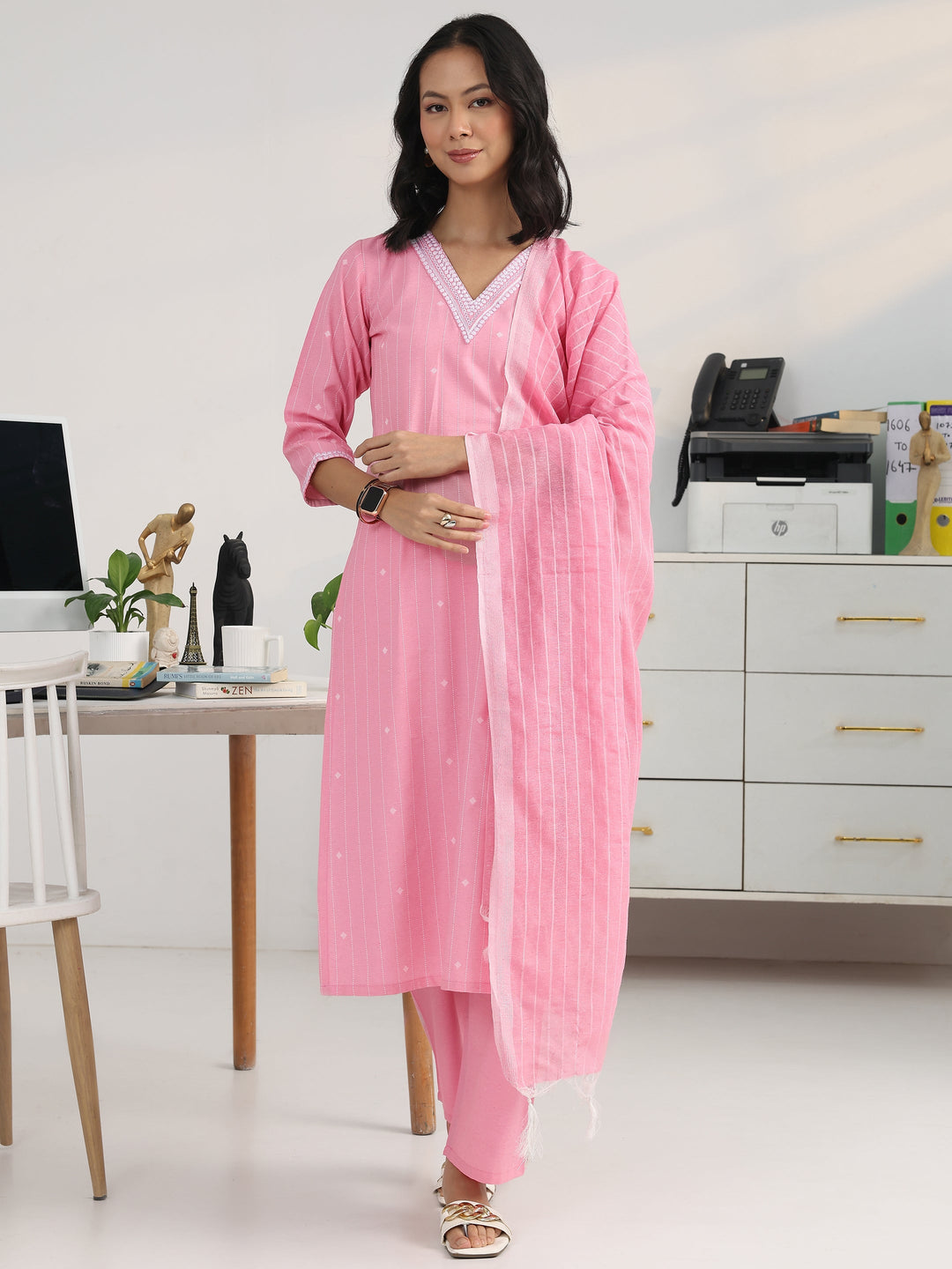 Pink Striped Woven Design Cotton Blend Straight Suit Set With Dupatta