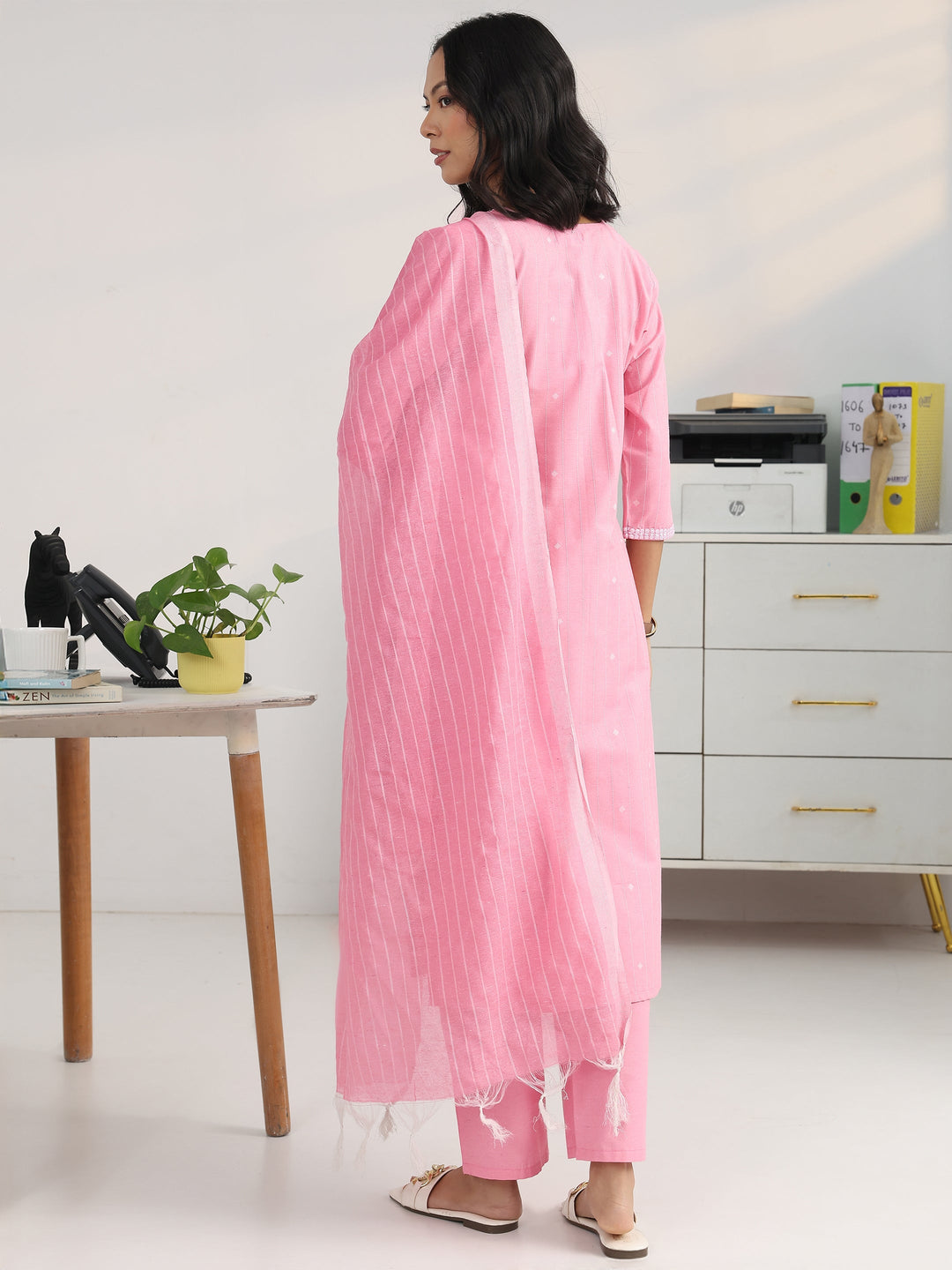 Pink Striped Woven Design Cotton Blend Straight Suit Set With Dupatta