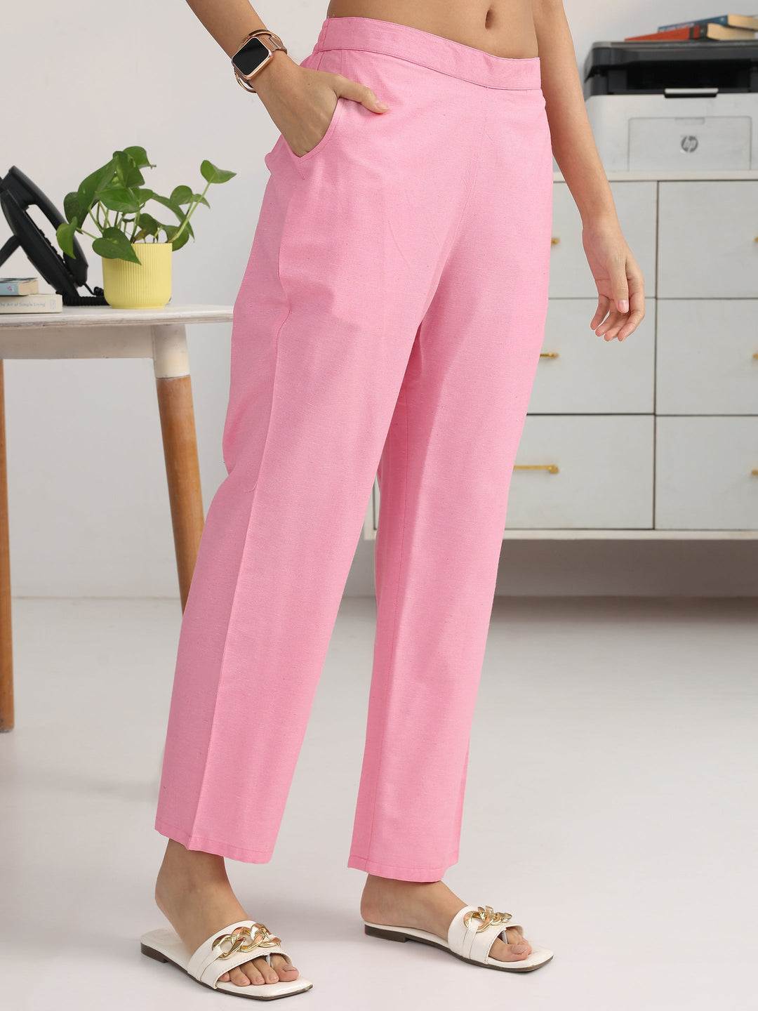 Pink Striped Woven Design Cotton Blend Straight Suit Set With Dupatta
