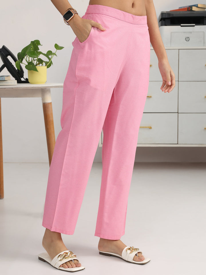 Pink Striped Woven Design Cotton Blend Straight Suit Set With Dupatta