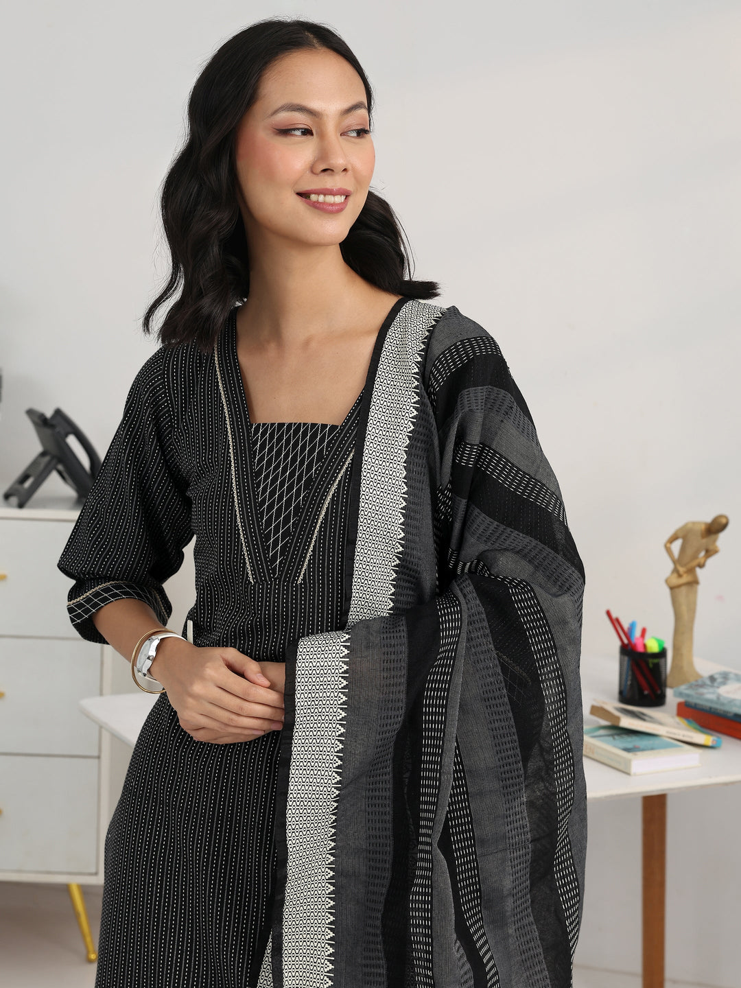 Black Striped Woven Design Cotton Blend Straight Suit Set With Dupatta