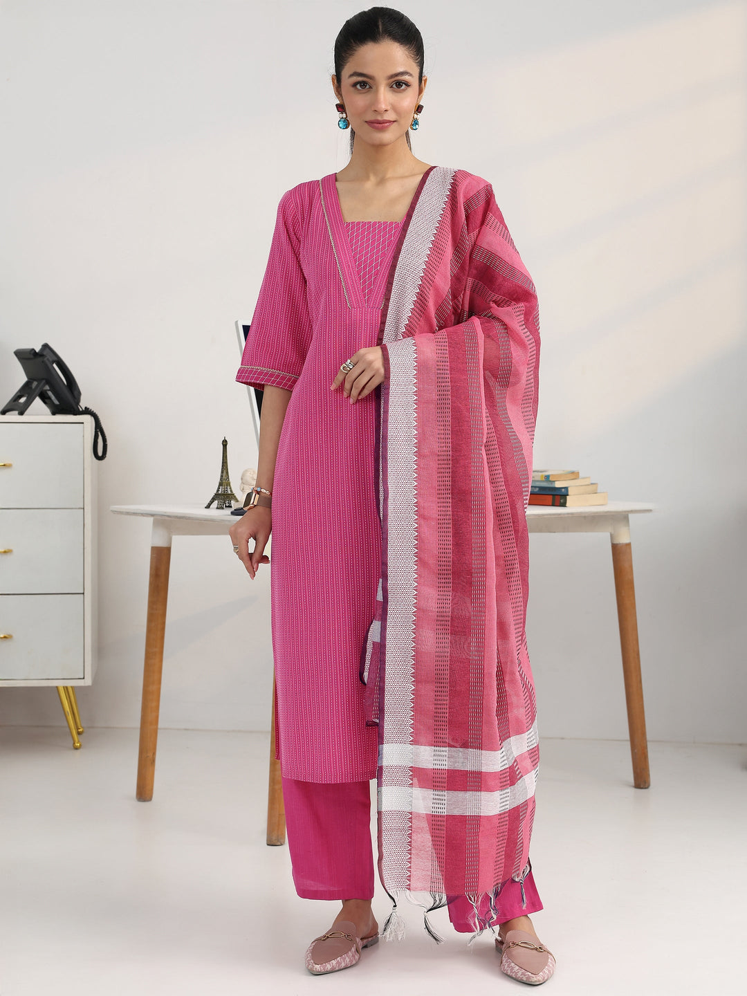 Pink Striped Woven Design Cotton Blend Straight Suit Set With Dupatta