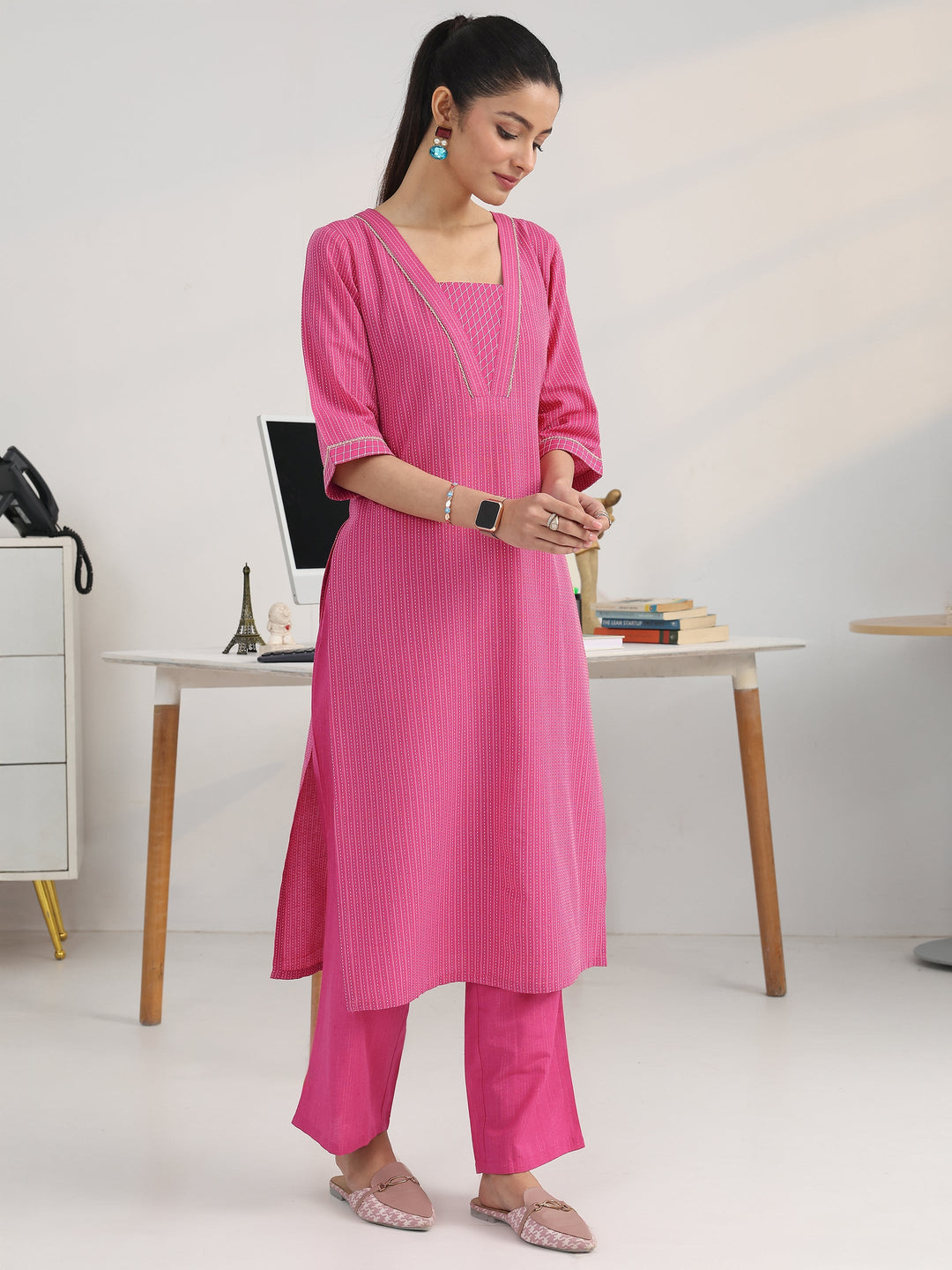 Pink Striped Woven Design Cotton Blend Straight Suit Set With Dupatta