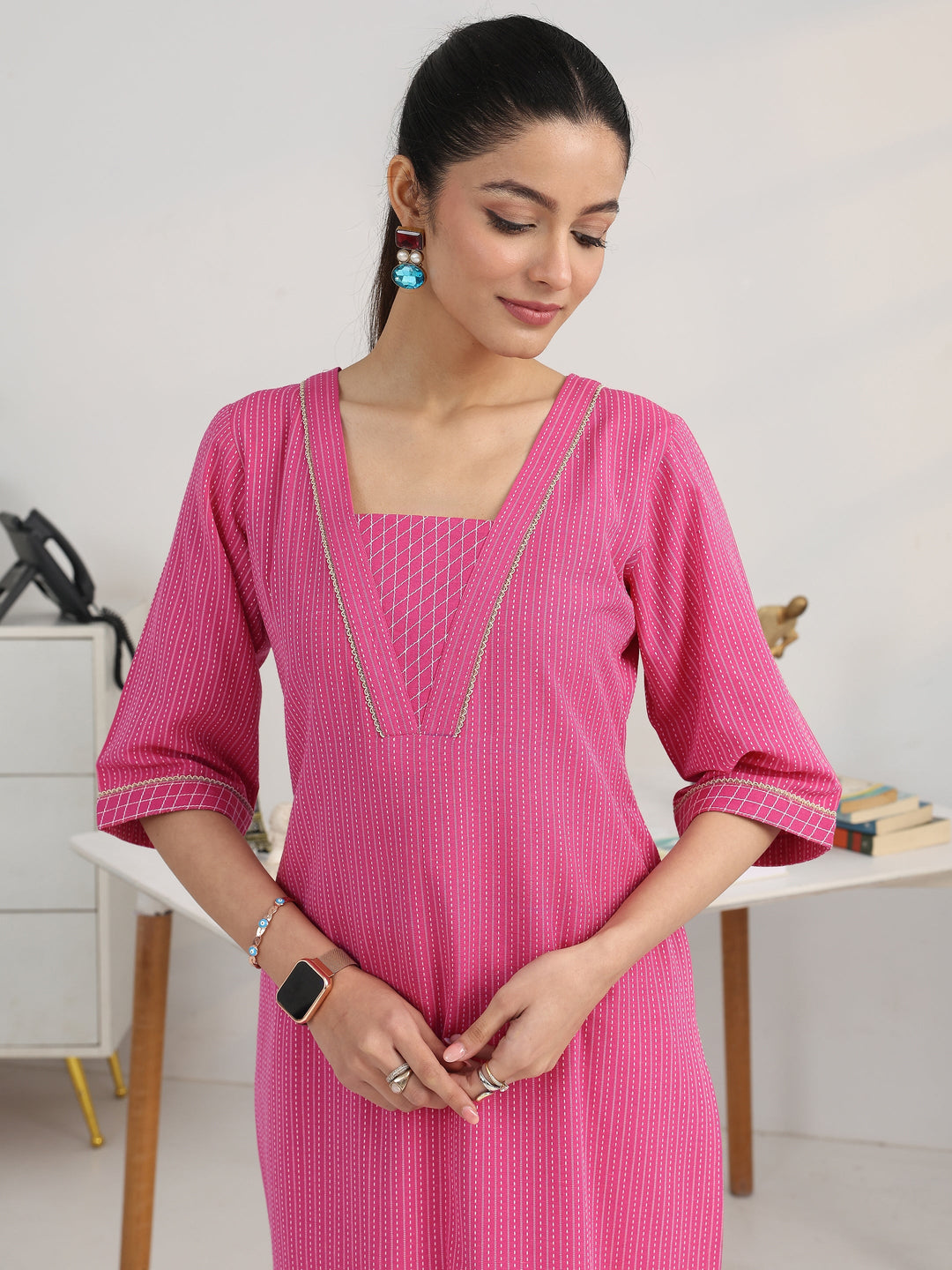 Pink Striped Woven Design Cotton Blend Straight Suit Set With Dupatta