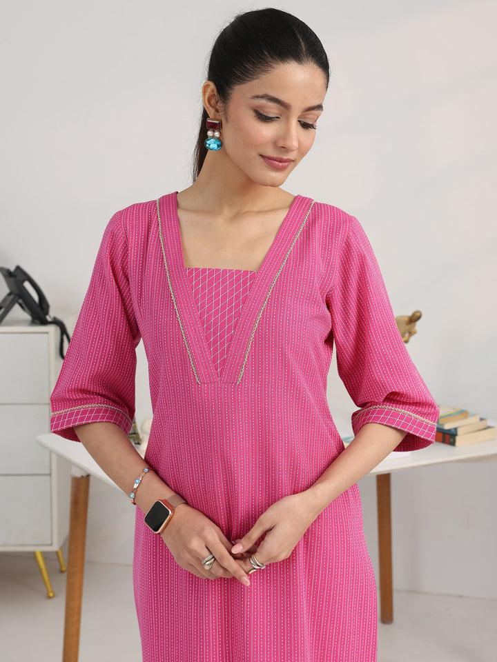 Pink Striped Woven Design Cotton Blend Straight Suit Set With Dupatta