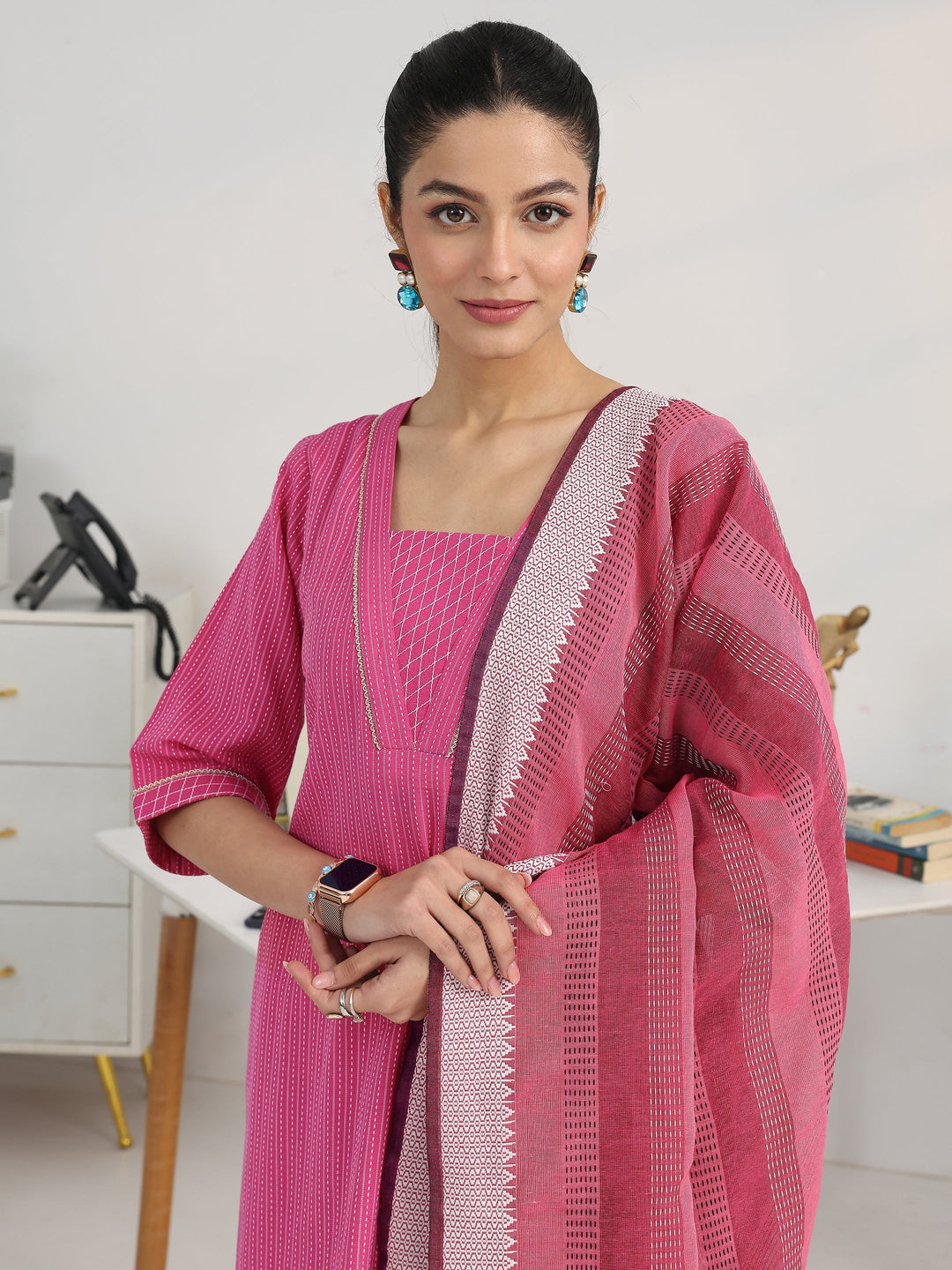 Pink Striped Woven Design Cotton Blend Straight Suit Set With Dupatta