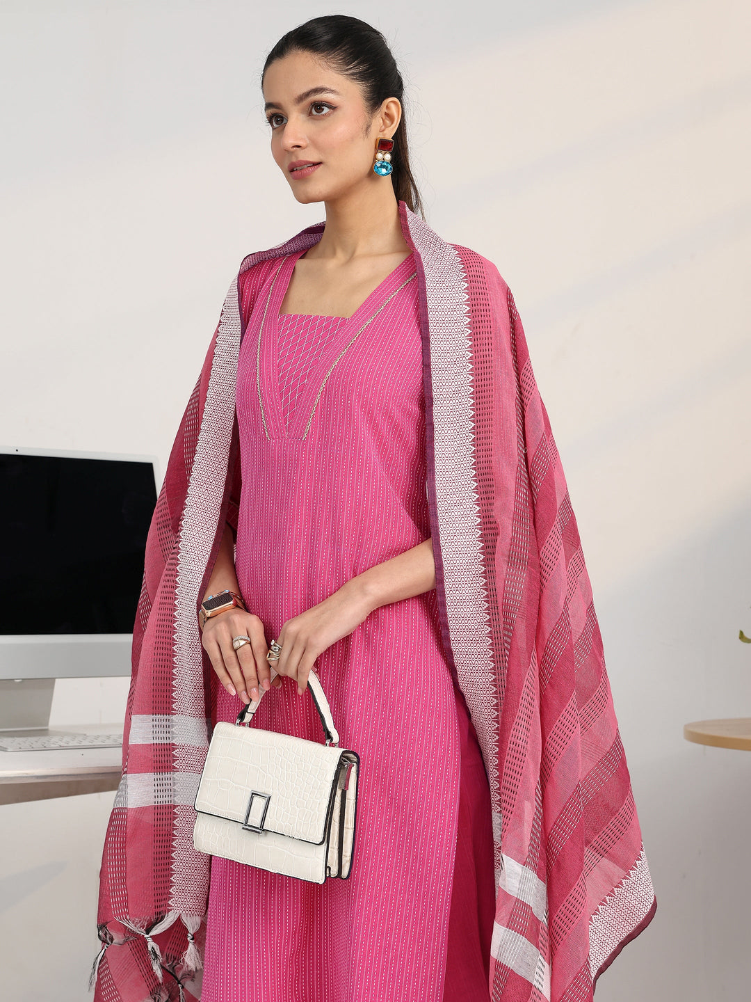 Pink Striped Woven Design Cotton Blend Straight Suit Set With Dupatta