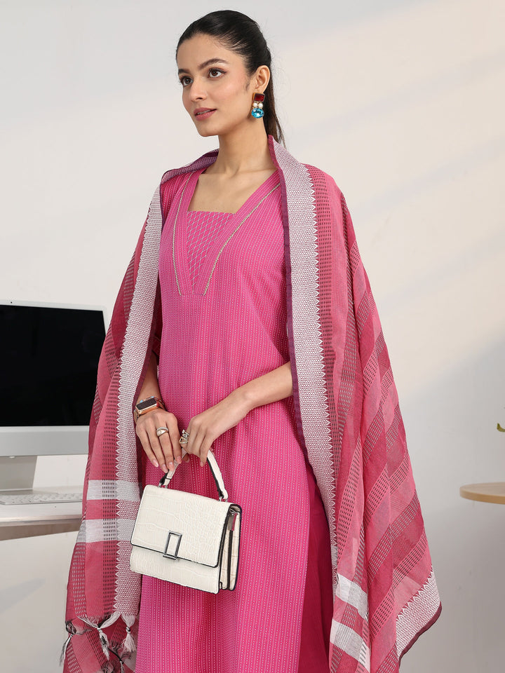 Pink Striped Woven Design Cotton Blend Straight Suit Set With Dupatta