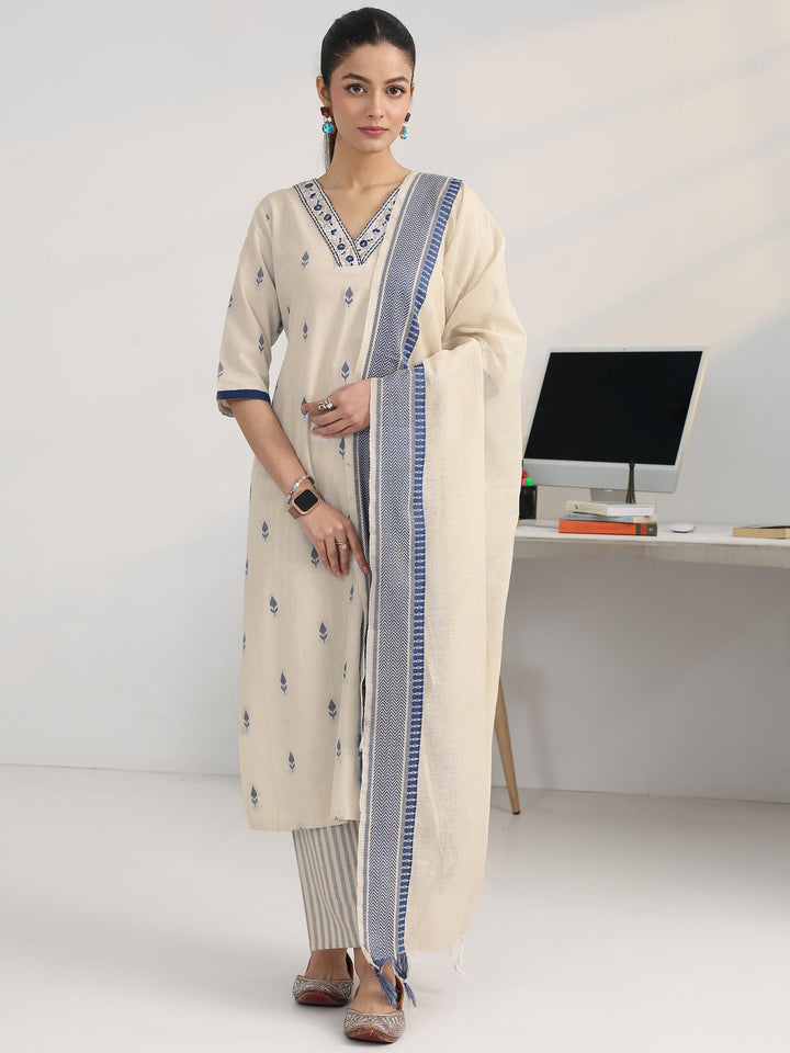 White Woven Design Cotton Blend Ambition Suit Set