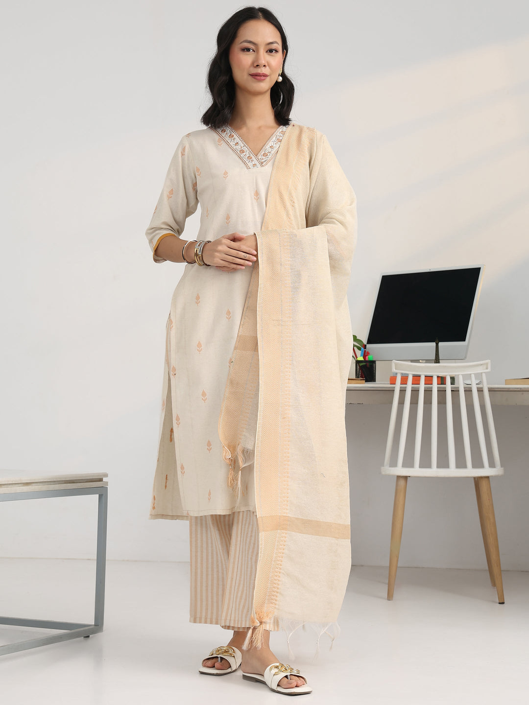 Off White Floral Woven Design Cotton Blend Straight Suit Set With Dupatta