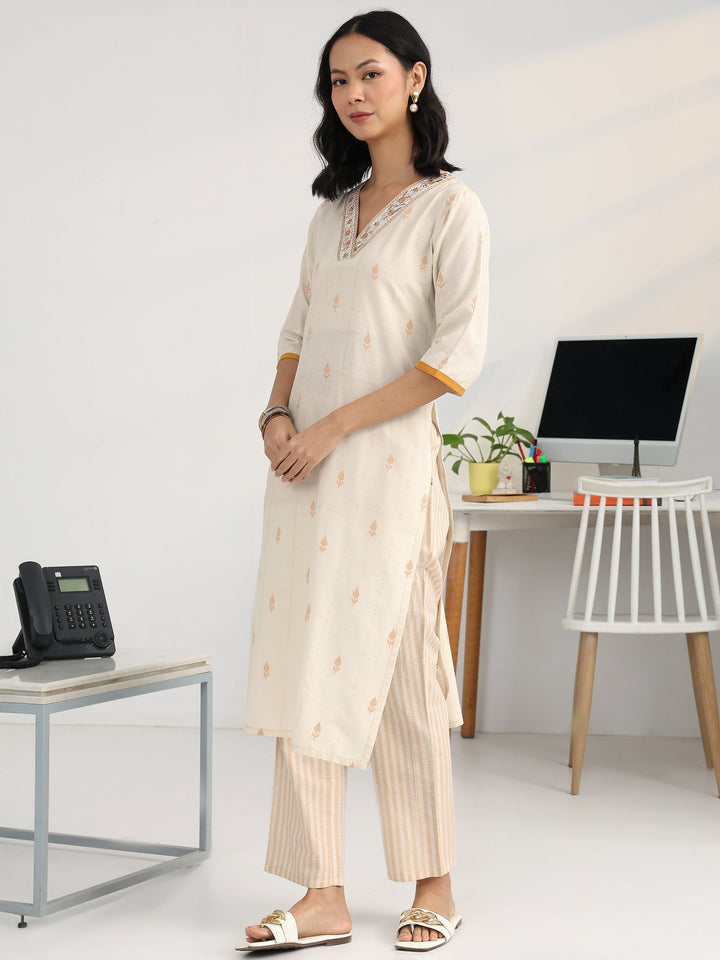 Off White Floral Woven Design Cotton Blend Straight Suit Set With Dupatta
