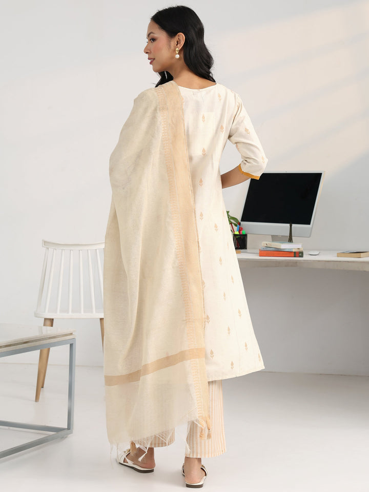 Off White Floral Woven Design Cotton Blend Straight Suit Set With Dupatta