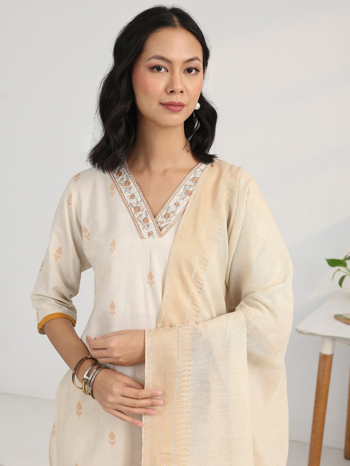 Off White Floral Woven Design Cotton Blend Straight Suit Set With Dupatta