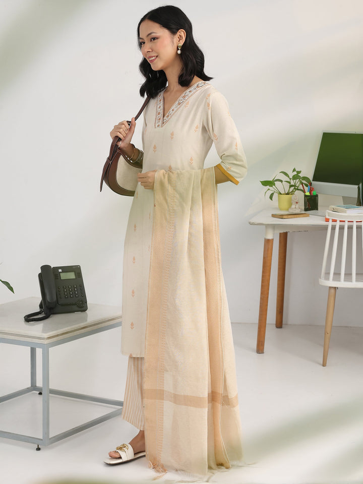 Off White Floral Woven Design Cotton Blend Straight Suit Set With Dupatta