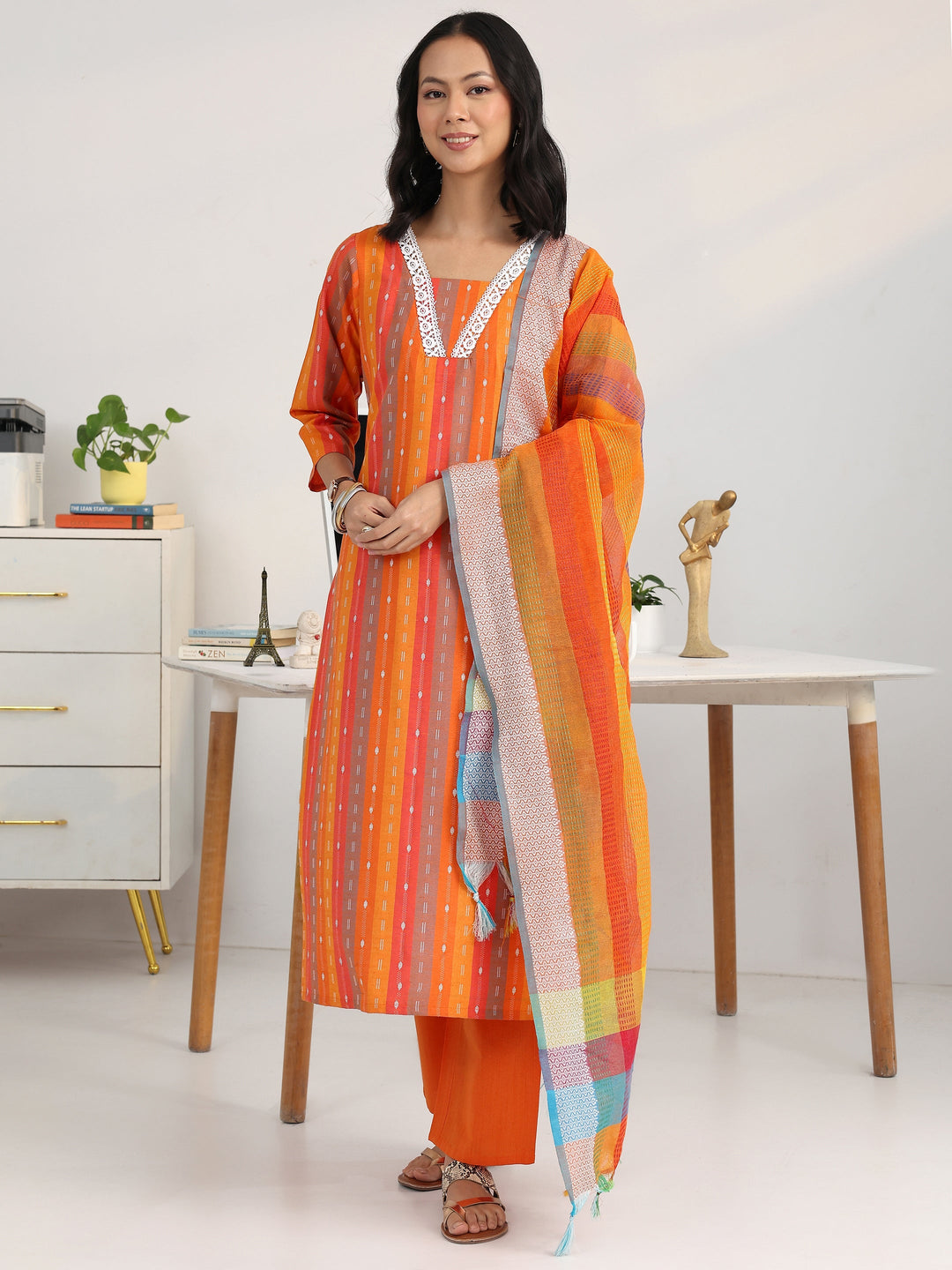 Multi Ethnic Motif Woven Design Cotton Blend Straight Suit Set With Dupatta