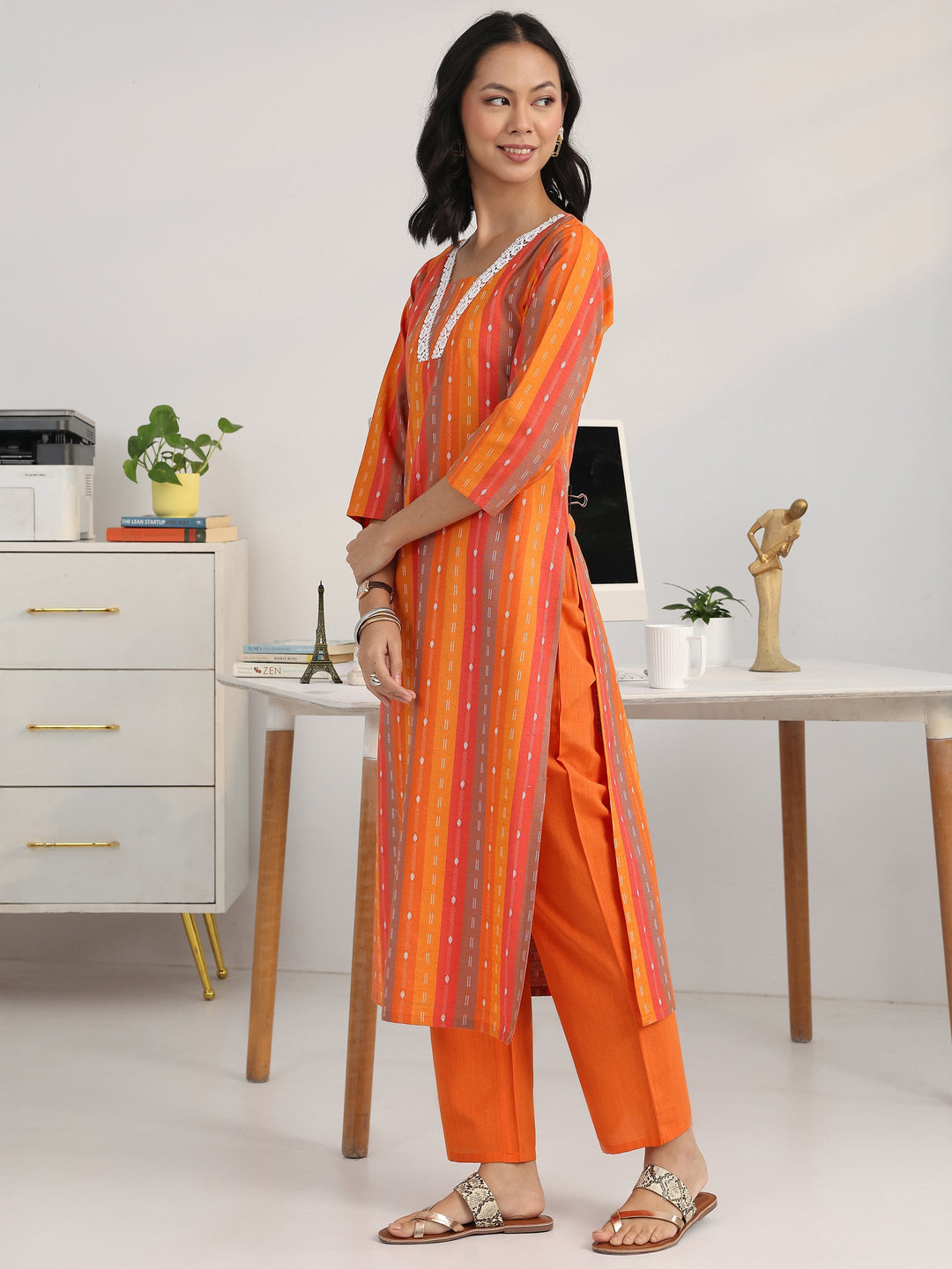 Multi Ethnic Motif Woven Design Cotton Blend Straight Suit Set With Dupatta
