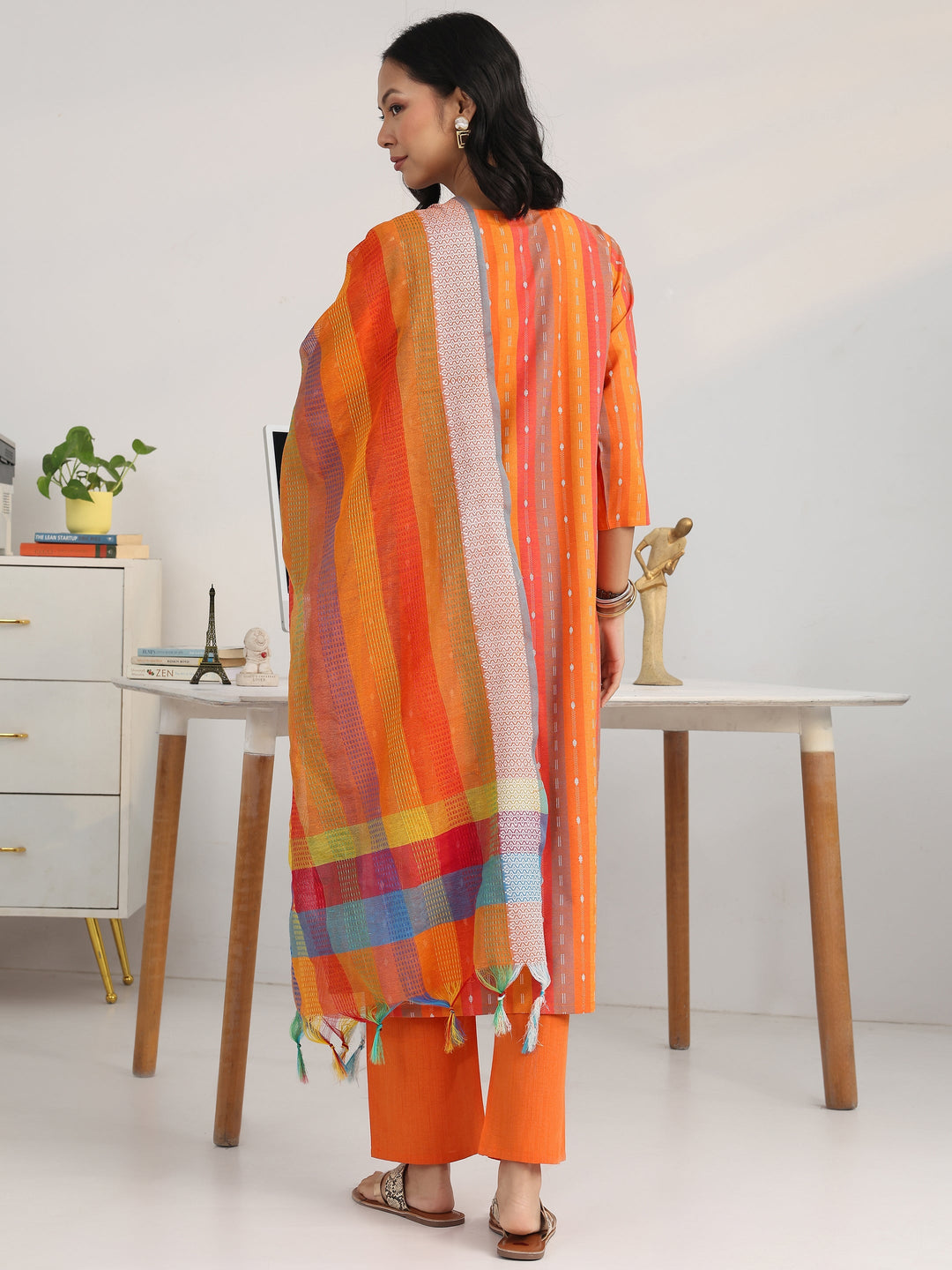 Multi Ethnic Motif Woven Design Cotton Blend Straight Suit Set With Dupatta