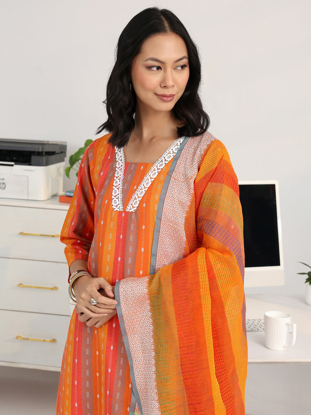 Multi Ethnic Motif Woven Design Cotton Blend Straight Suit Set With Dupatta
