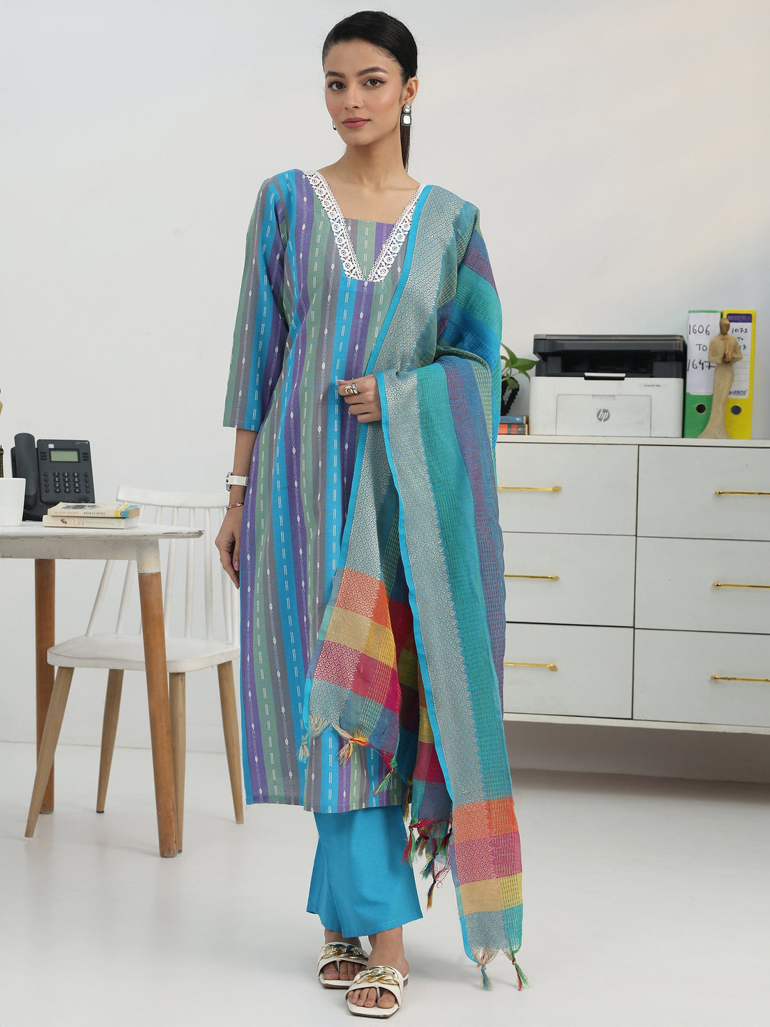 Multi Ethnic Motif Woven Design Cotton Blend Straight Suit Set With Dupatta
